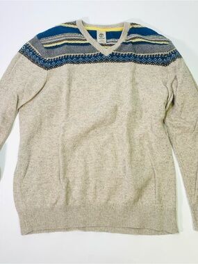Timberland Beige V-Neck Sweater with Blue Patterned Yoke